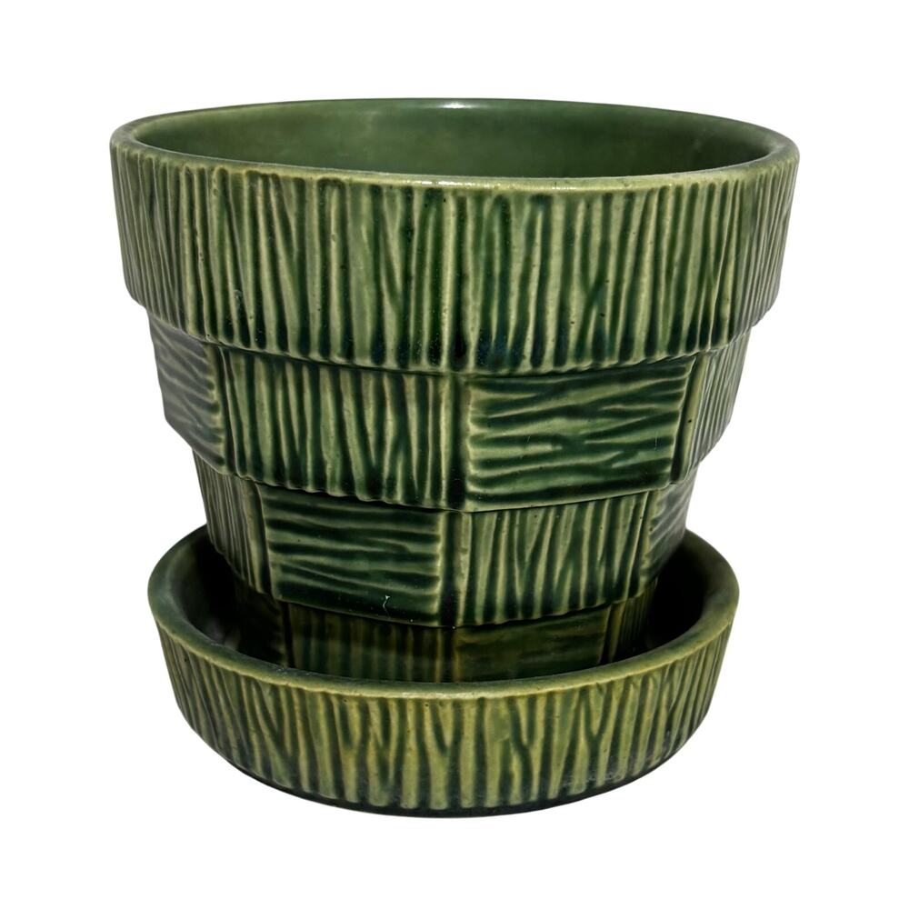 McCoy 1950s Pottery Planter Flower Pot Green Basket Weave Vintage Mid-Century